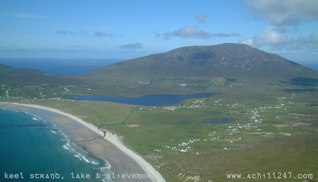 Keel strand, Keel lake and Slievemore, Achill Island, Ireland